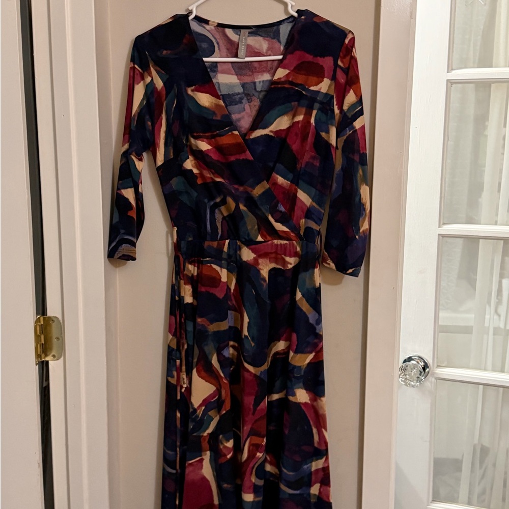 Abstract Print V-Neck Wrap Dress in Multicolor